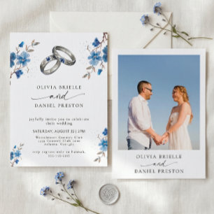 Invitación Anillos Florales de Acuarela Azul Elegante Boda Fo
