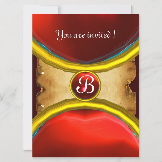 Invitación ANILLOS MÁGICOS ,Gema de pergamino MONOGRAM rojo (Anverso)