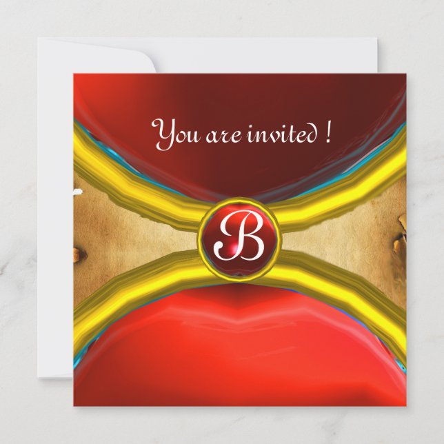 Invitación ANILLOS MÁGICOS ,Gema de pergamino MONOGRAM rojo (Anverso)