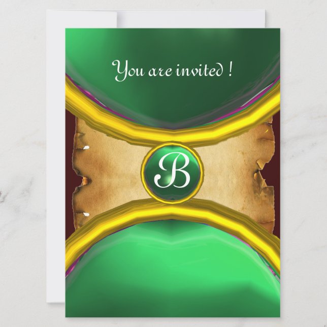 Invitación ANILLOS MÁGICOS, pergamino de monograma gema verde (Anverso)