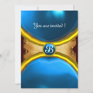 Invitación ANILLOS MÁGICOS, pergamino monograma gema azul