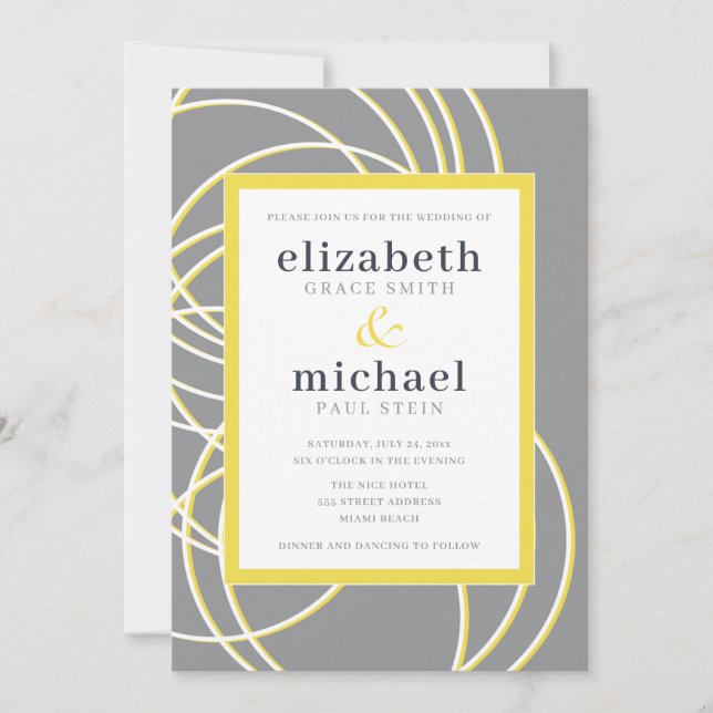 Invitación Anillos modernos Boda amarillo y gris elegante (Anverso)