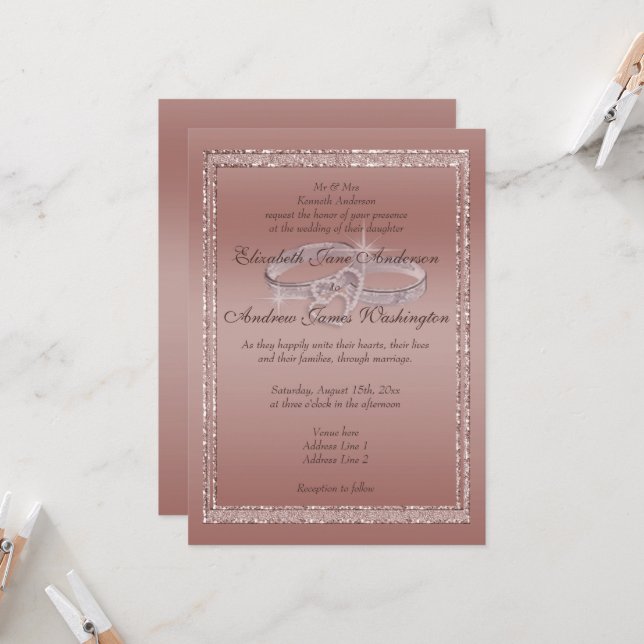 Invitación Anillos Rosa Purpurina de oro y Boda plateado (Anverso/Reverso In Situ)
