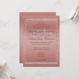 Invitación Anillos Rosa Purpurina de oro y Boda plateado