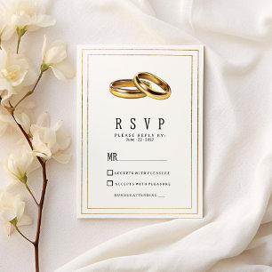 Invitación Anillos RSVP simples elegantes blancos y dorados