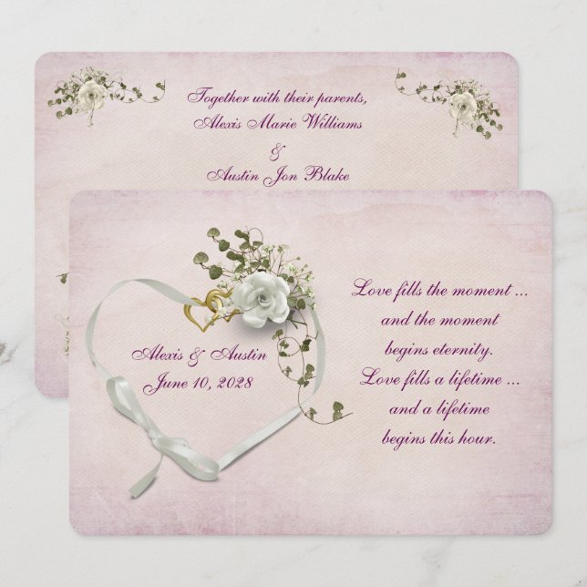 Invitación Anillos y cinta para bodas cardíacos (Anverso / Reverso)