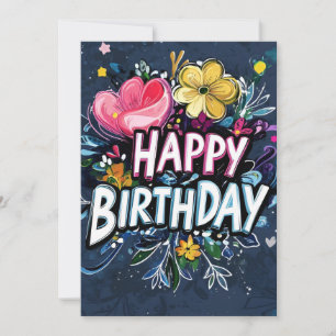 Invitación Animado graffiti floral en el cumpleaños azul oscu