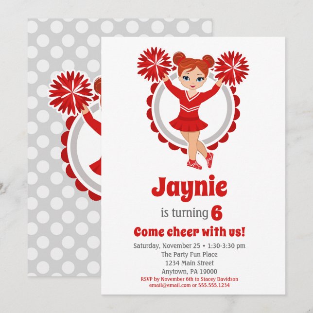 Invitación animador rojo - Chicas de Redhead celebran cumplea (Anverso / Reverso)