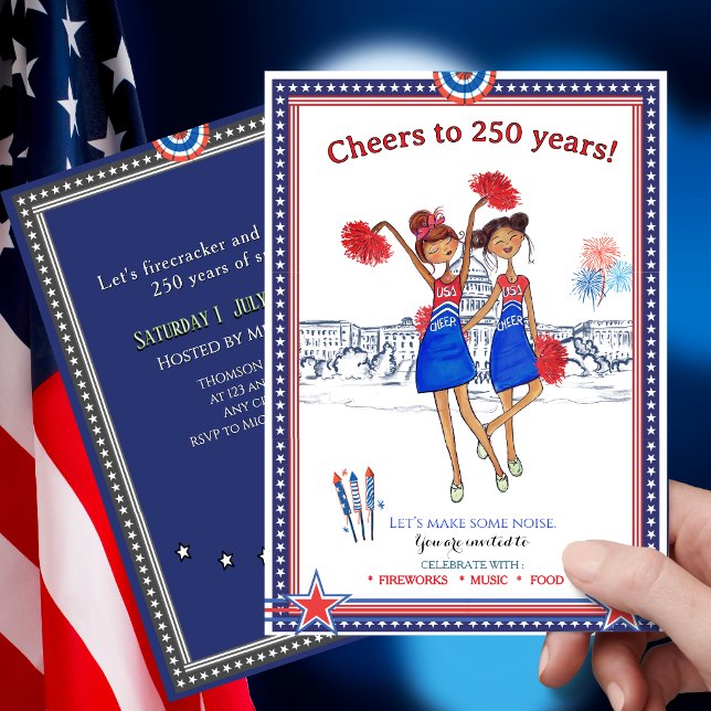 Invitación Animadora de EE. UU. US 250 Aniversario Divertido  (USA Cheerleader US 250th Anniversary Fun Patriotic Invitation)