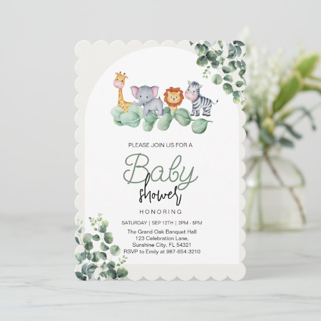 Invitación Animal Baby Shower, Eucalyptus Flower (Anverso de pie)