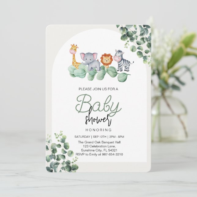 Invitación Animal Baby Shower, Eucalyptus Flower (Anverso de pie)