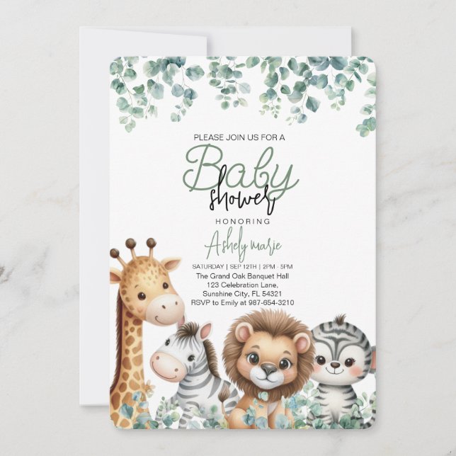 Invitación Animal Baby Shower, Eucalyptus Flower (Anverso)