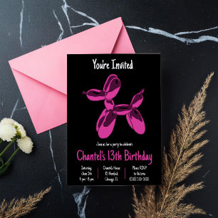 Invitación Animal con globo de perro rosado caliente, fiesta 