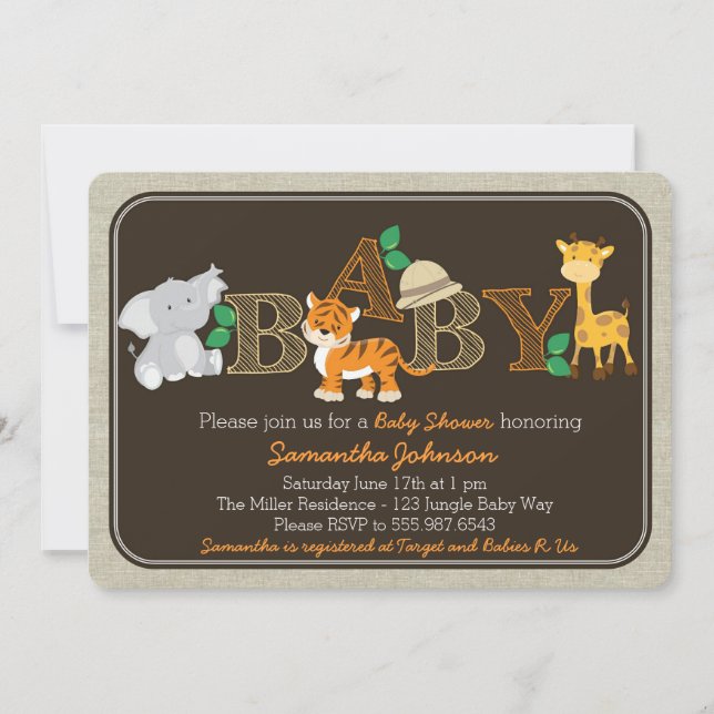 Invitación animal de Baby Shower de la selva (Anverso)