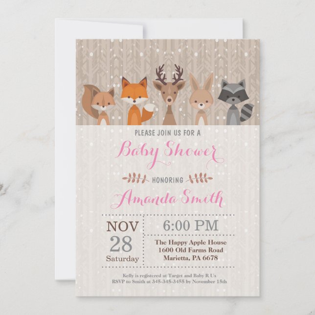 Invitación animal de Baby Shower del chica del (Anverso)
