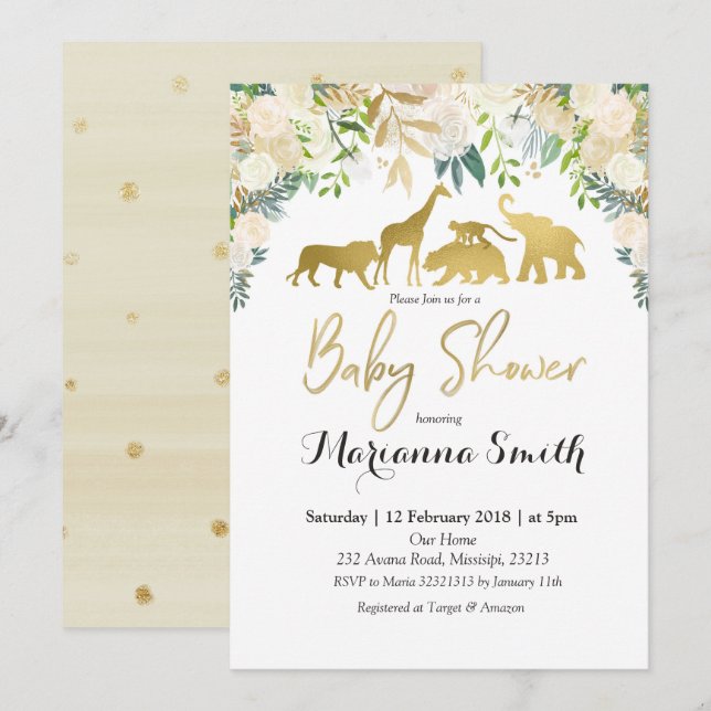 Invitación animal de Baby Shower del safari floral (Anverso / Reverso)