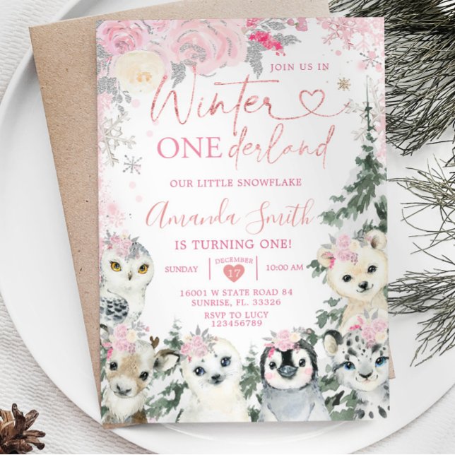 Invitación Animal de invierno rosa Onederland Snowflake Cumpl (Subido por el creador)
