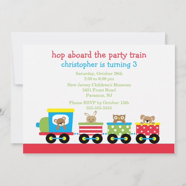Invitación animal del cumpleaños del tren del (Anverso)