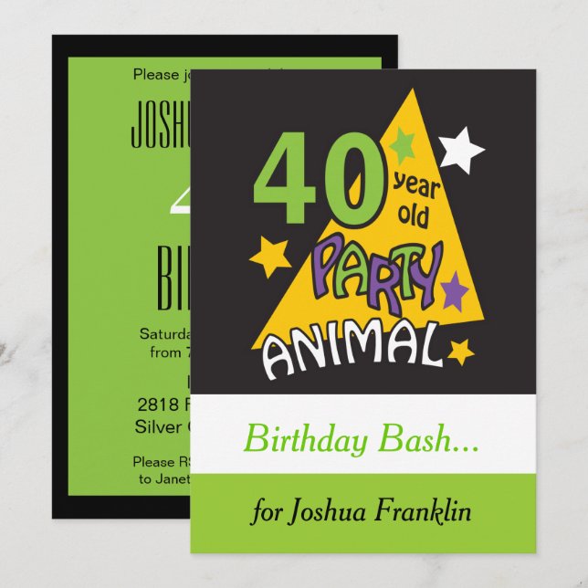 Invitación Animal Fiesta de 40 años - 40 cumpleaños (Anverso / Reverso)