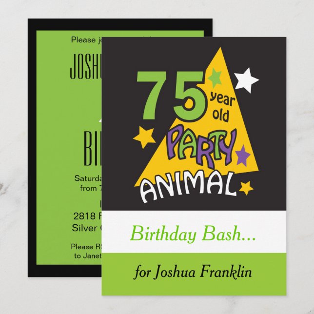 Invitación Animal Fiesta de 75 años de edad - 75º cumpleaños (Anverso / Reverso)