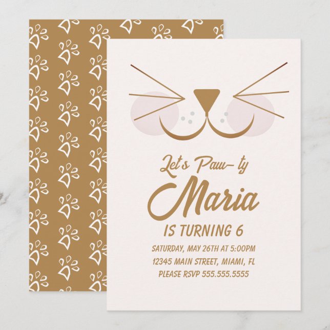 Invitación Animal Fiesta de Kitten Birthday Paw-ty (Anverso / Reverso)