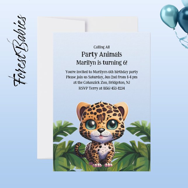 Invitación Animal Fiesta de Safari de la Selva Tropical de Cu (Leopard 🐆  Tropical Birthday 🌴 Party Animal Customizable ForestBabies Invitation)