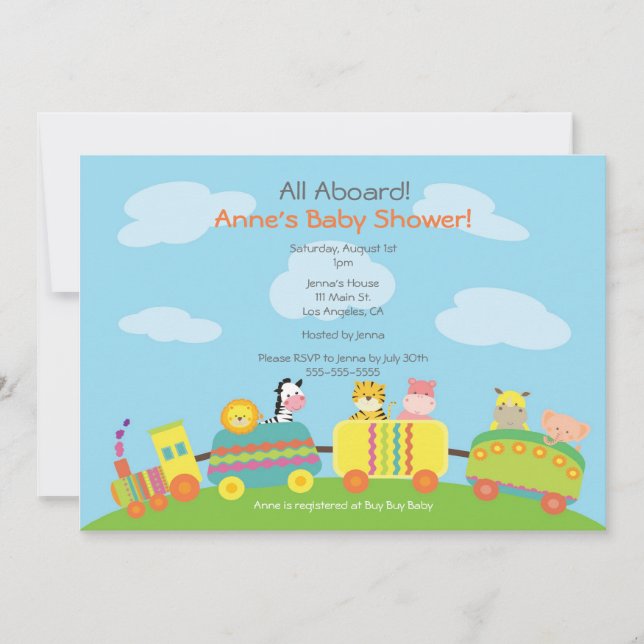 Invitación animal linda de Baby Shower del tren (Anverso)