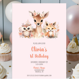 Invitación Animal Pink Boho Floral Woodland 1er cumpleaños