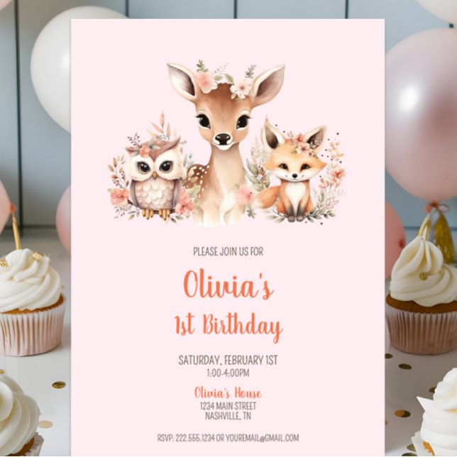 Invitación Animal Pink Boho Floral Woodland 1er cumpleaños (Boho Blush Pink Floral Woodland Animal 1st Birthday Invitation, Girl Birthday Party, Deer Owl Fox)