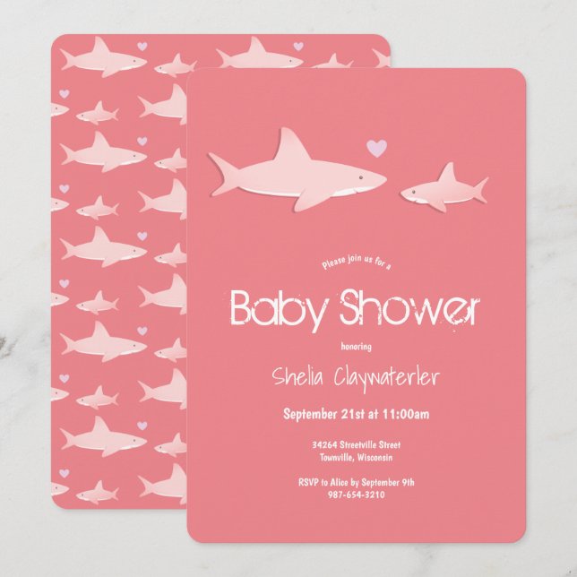 Invitación Animal rosa de Baby Shower Shark (Anverso / Reverso)