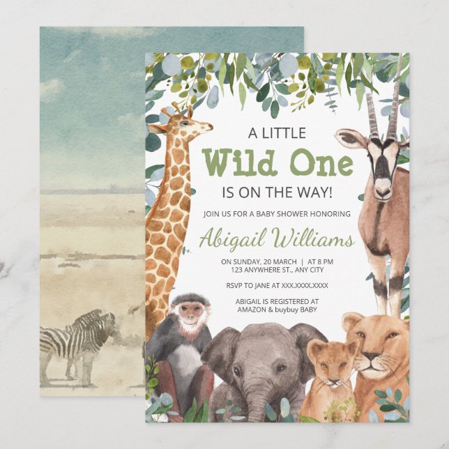 Invitación Animal salvaje de Safari - jirafa, elefante Baby S (Anverso / Reverso)
