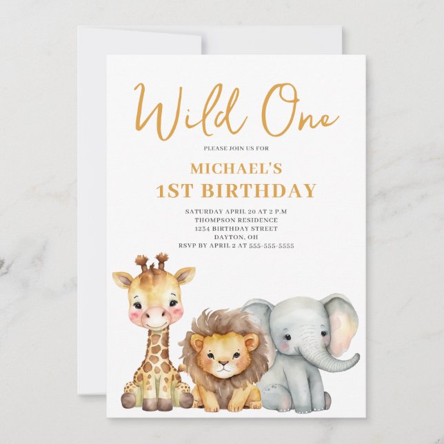 Invitación Animal salvaje de un Safari primer cumpleaños (Anverso)