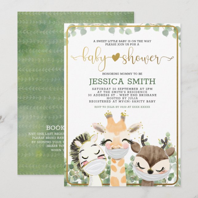Invitación Animales acuarelas en Baby Shower máscaras (Anverso / Reverso)