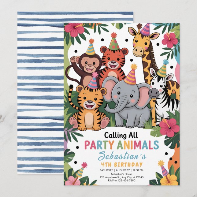 Invitación Animales adorables de fiesta de cumpleaños en la j (Anverso / Reverso)