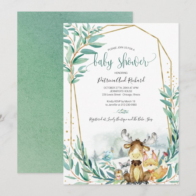 Invitación Animales Adorables del Bosque Verde Ducha de Bebé (Anverso / Reverso)