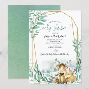 Invitación Animales Adorables del Bosque Verde Ducha de Bebé