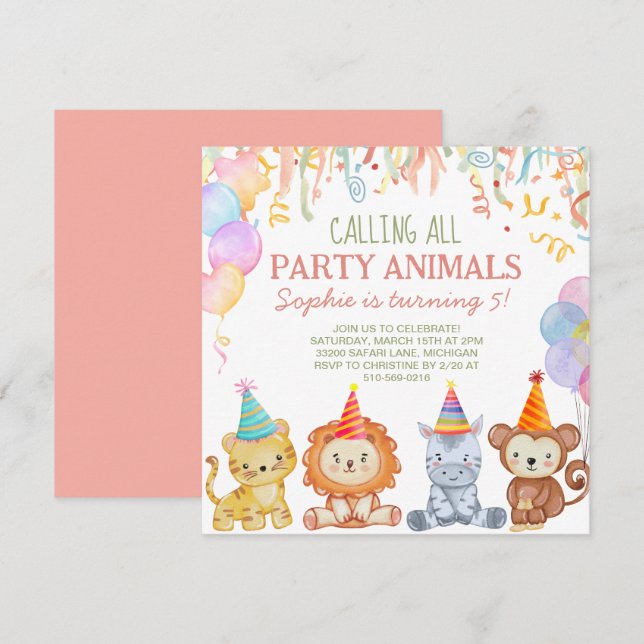 Invitación Animales Adorables Fiestas Peach Peach Pink Safari (Anverso / Reverso)