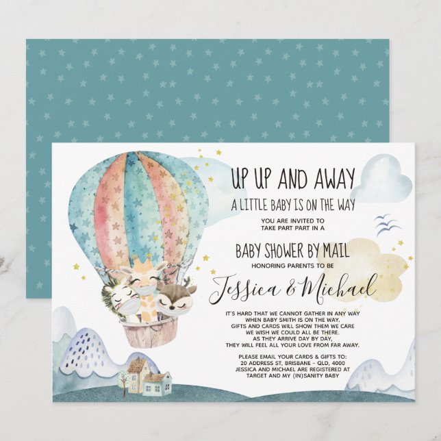 Invitación Animales arriba y lejos en Baby Shower máscaras po (Anverso / Reverso)