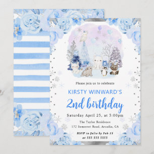 Invitación Animales Árticos Acuarela Floral Cumpleaños 2