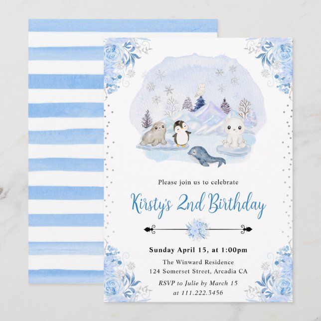 Invitación Animales Árticos de Invierno Cumpleaños número 2 (Anverso / Reverso)