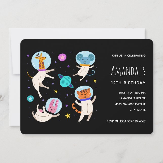 Invitación Animales astronautas muertos en cumpleaños espacia (Anverso)