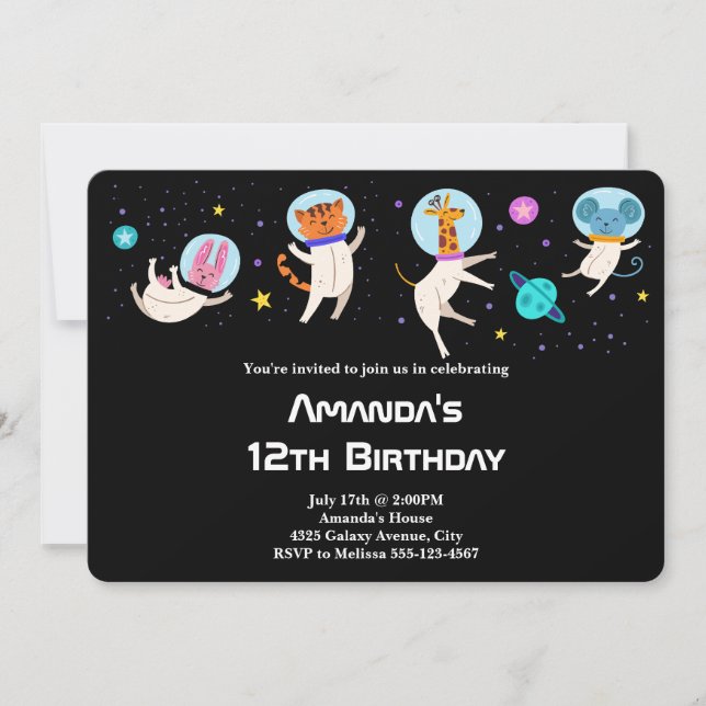Invitación Animales astronautas muertos en cumpleaños espacia (Anverso)