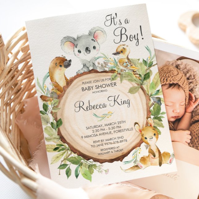 Invitación Animales australianos aburridos Koala Baby Shower  (cute australian animals koala kangaroo platypus kookaburra wood baby shower invitation cards )