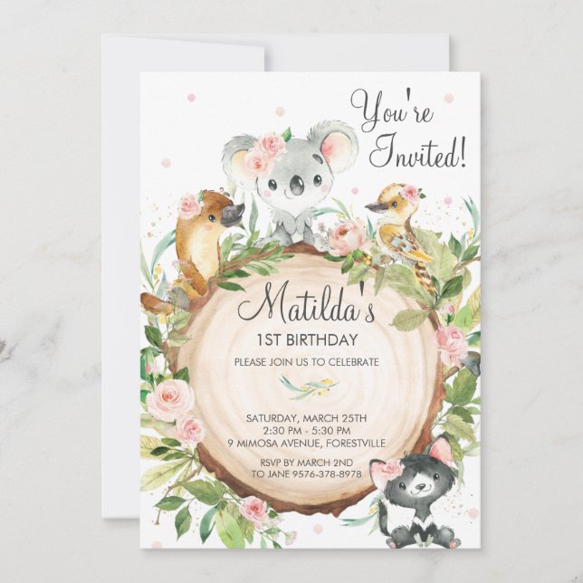 Invitación Animales australianos Koala Chica Floral Cumpleaño (Anverso)