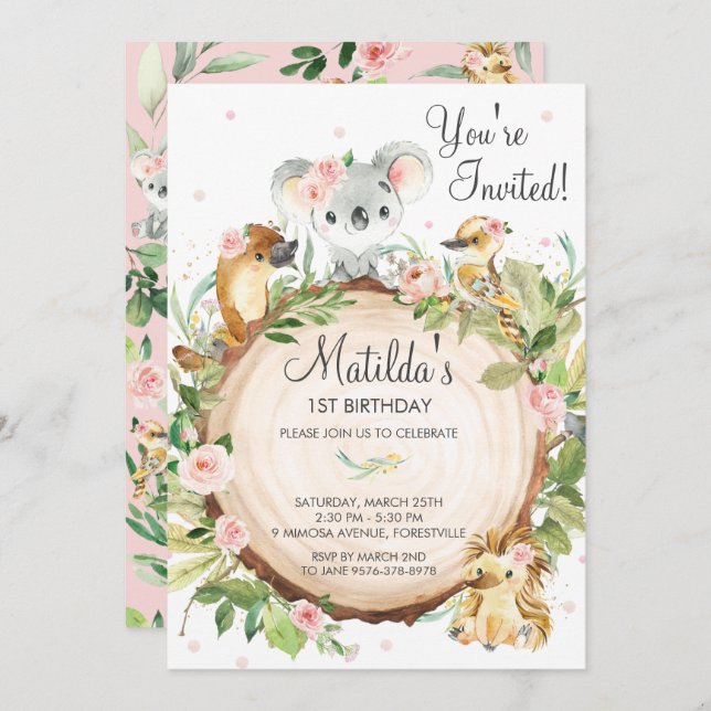 Invitación Animales australianos Koala Chica Floral Rosa Cump (Anverso / Reverso)
