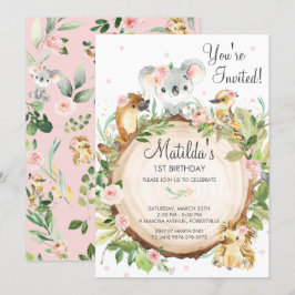 Invitación Animales australianos Koala Chica Floral Rosa Cump