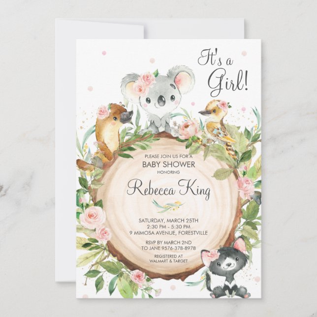 Invitación Animales australianos Koala Floral Chica de Baby S (Anverso)