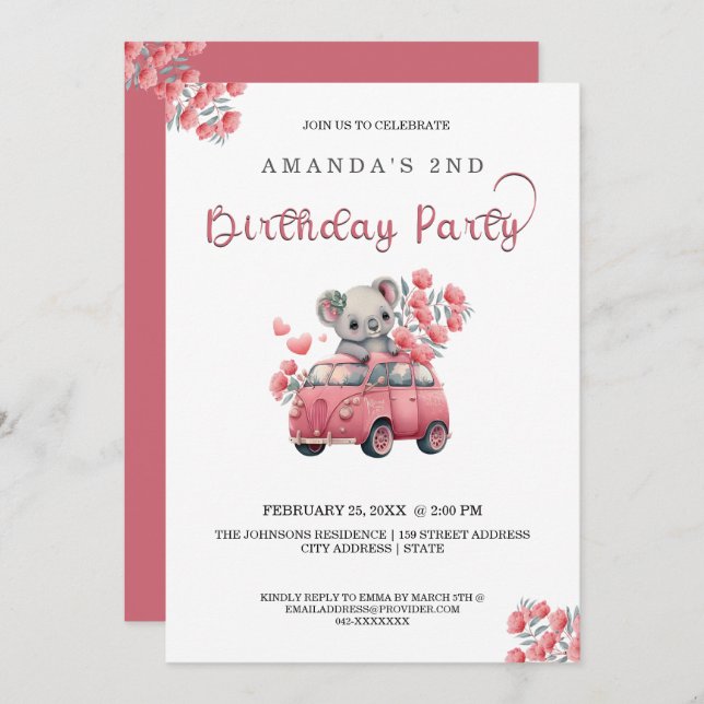 Invitación Animales australianos Koala NACIMIENTO rosado (Anverso / Reverso)