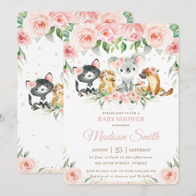 Invitación Animales australianos rosa Rubor Floral Baby Showe (Anverso / Reverso)