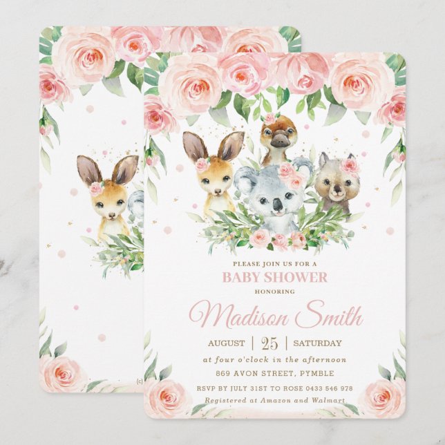 Invitación Animales australianos rosa Rubor Floral Baby Showe (Anverso / Reverso)